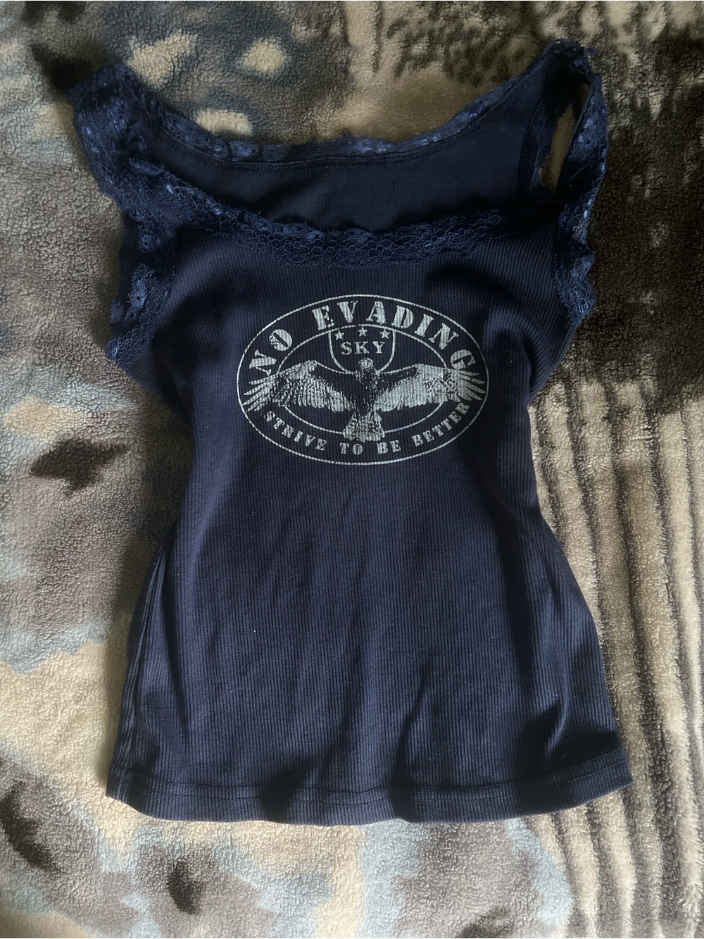 Sky Navy Lace-Trim Ribbed Graphic Tank